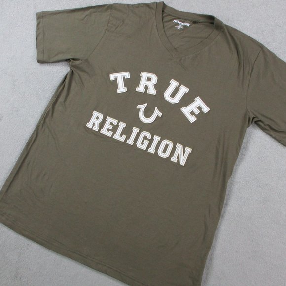 True Religion Shirt Adult 3XL XXXL Brown Embroidered Spell Out Crewneck Tee Mens - Picture 2 of 9